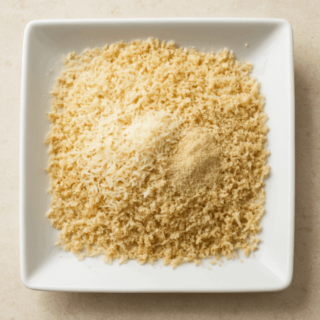 Breadcrumbs,-parmesan,-and-garlic-powder-mixed-on-a-white-square-plate.