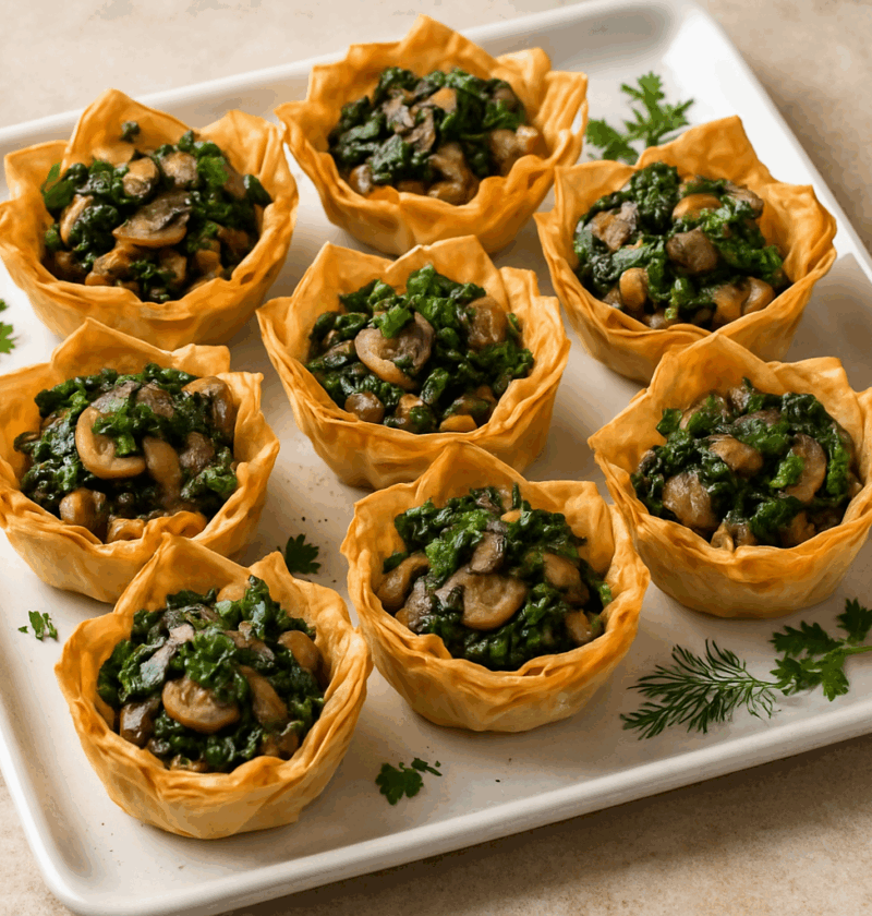 Square-plate-with-mushroom-and-spinach-stuffed-phyllo-cups.