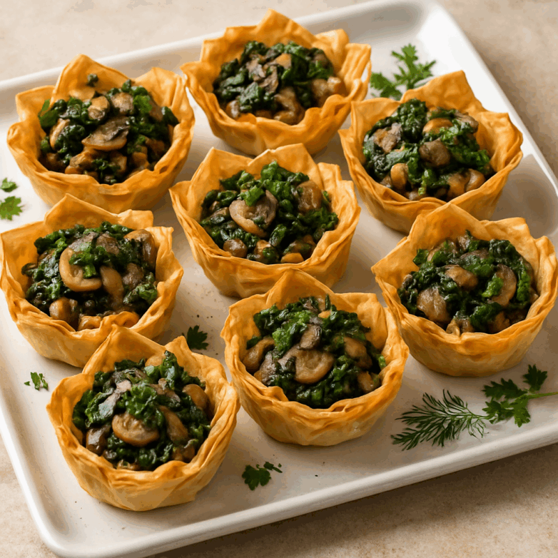 Square-plate-with-mushroom-and-spinach-stuffed-phyllo-cups.