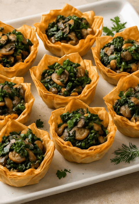 Square-plate-with-mushroom-and-spinach-stuffed-phyllo-cups.